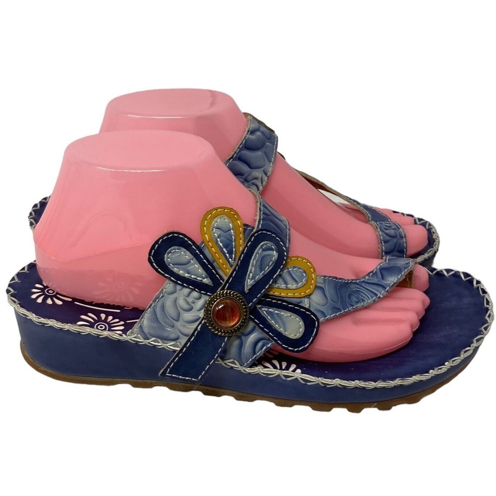 Spring Step Size 9 US Sandals Platform Blue Floral Leather Shoes Size 40 EU - Picture 3 of 9